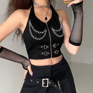 Halter-neck Chain-detail Zip-up Crop Tank Top