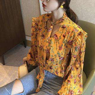 Floral Print V-neck Lantern-sleeve Blouse As Shown In Figure - One Size