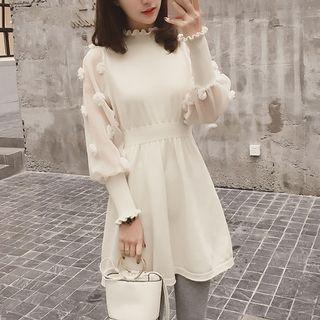 Sheer-sleeve A-line Knit Dress