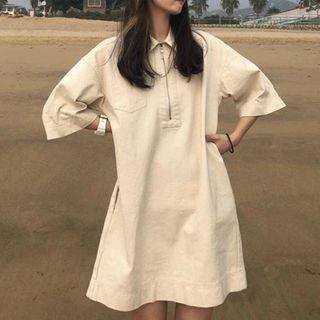 Elbow-sleeve Zip Shift Dress