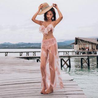 Set: Lace Bikini Top + High Waist Bottom + Mesh Skirt