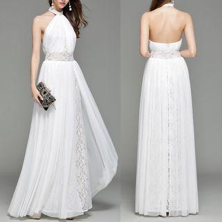 Halter Lace Panel Open Back Evening Dress