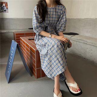 Puff-sleeve Plaid Midi A-line Dress Plaid - Blue & White - One Size