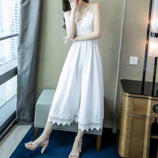 Spaghetti-strap Lace Trim Wide-leg Jumpsuit