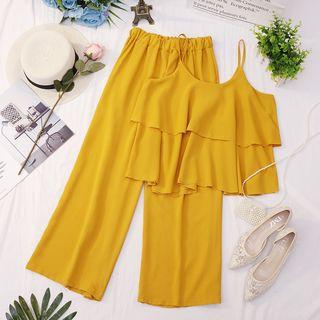 Set: Ruffle Trim Camisole Top + Wide-leg Pants
