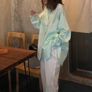 Long-sleeve Plain Shirt Light Green - One Size