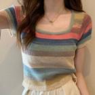 Striped Square-neck Light Cropped Top