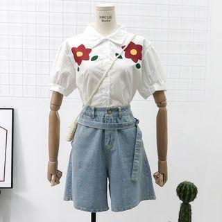 Flower-print Shirt / High-waist Shorts With Sash