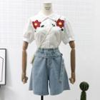 Flower-print Shirt / High-waist Shorts With Sash