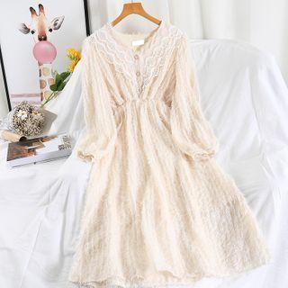 Puff-sleeve Midi A-line Lace Dress Almond - One Size