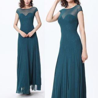 V-back Cap Sleeve Mesh Panel Lace Evening Gown