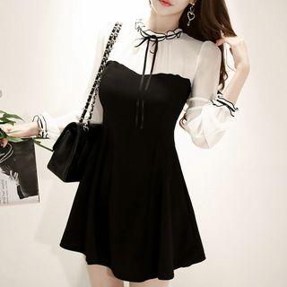 Contrast-trim Long-sleeve Mini A-line Dress