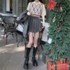 Long-sleeve Polo Knit Top / Cropped Argyle Sweater Vest / Pleated Mini A-line Skirt