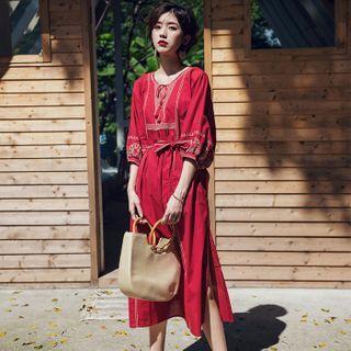 Patterned 3/4-sleeve Midi A-line Linen Dress