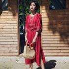 Patterned 3/4-sleeve Midi A-line Linen Dress