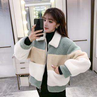 Mock Wool Striped Jacket / Plain Semi High-neck Dress