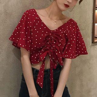 Short-sleeve Ruffled Polka Dot Drawstring Cropped Top