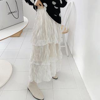 Band-waist Crinkled Long Tiered Dress