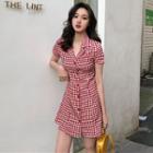 Single-breasted Checked Short-sleeve Mini A-line Dress