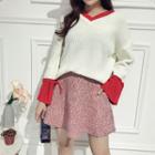 Set: V-neck Two-tone Sweater + High-waist A-line Skirt