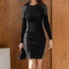 Long-sleeve Knit Mini Bodycon Dress Black - One Size