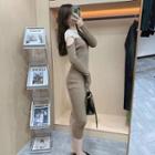 Long-sleeve Cut-out Two-tone Midi Knit Sheath Dress