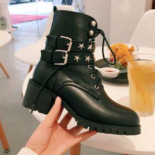 Star Stud Block Heel Lace-up Short Boots