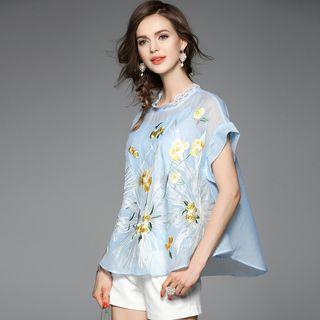 A-line Embroidery Silk Short-sleeve Top