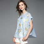 A-line Embroidery Silk Short-sleeve Top