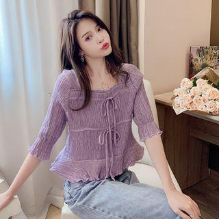 Elbow-sleeve Cropped Crinkle Blouse