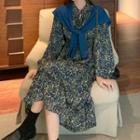 Puff-sleeve Floral Midi Dress / Shawl