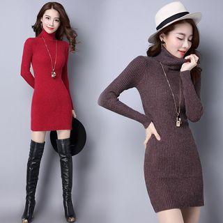 Plain Mock-neck Long-sleeve Dress