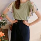 Round-neck Pattern-sleeve T-shirt