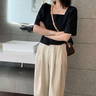 Set: Short-sleeve Square Neck Cropped Top + Plain Harem Pants