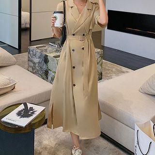 Short-sleeve Double-breasted Midi Collared Dress