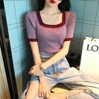 Short-sleeve Square-neck Contrast Trim Knit Top