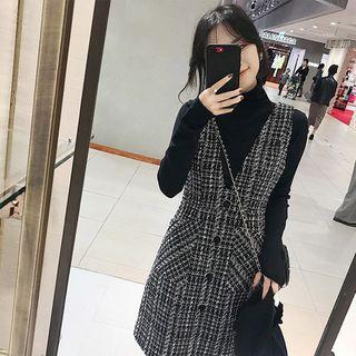 Mock-turtleneck Ribbed Knit Top / Tweed A-line Pinafore Dress / Set