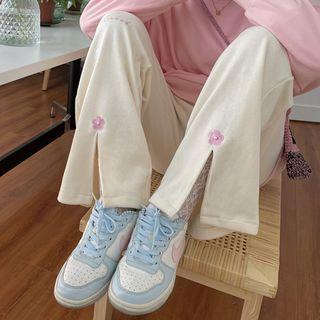 Flower Embroidered Slit Loose Fit Sweatpants