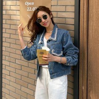 Faux-pearl Trim Flap Denim Jacket