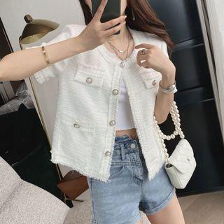 Short-sleeve Fray Hem Tweed Jacket