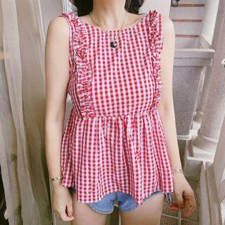 Sleeveless Check Frill Trim Top