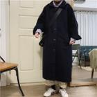 Plain Loose-fit Single-breasted Long-sleeve Coat Dark Navy Blue - One Size