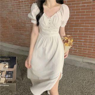 Spaghetti Strap Midi A-line Dress / Puff-sleeve Midi Dress / Cardigan