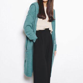 V-neck Hooded Long-knit Cardigan Aqua Blue - One Size