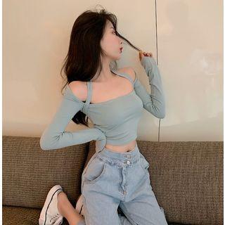 Cold-shoulder Long-sleeve Cropped T-shirt Aqua Blue - One Size