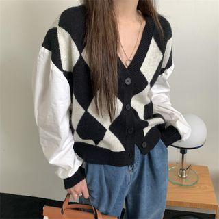 Long-sleeve Plaid Panel Knit Cardigan
