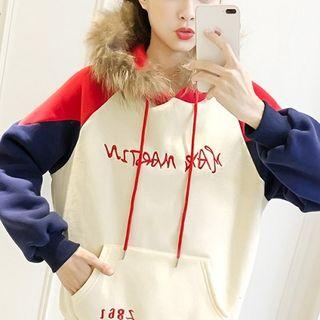 Lettering Furry-trim Color Block Hoodie