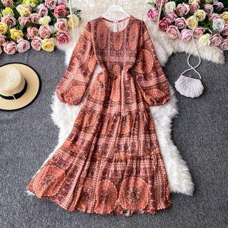Round-neck Retro Print Long-sleeve Maxi Dress