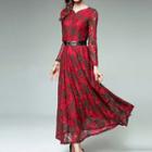 Long-sleeve Printed Lace Midi Dress