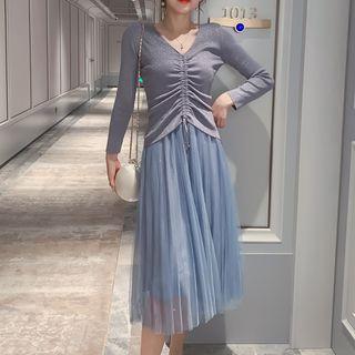 Set: Drawstring Long-sleeve Knit Top + Spaghetti Strap Midi Mesh Dress